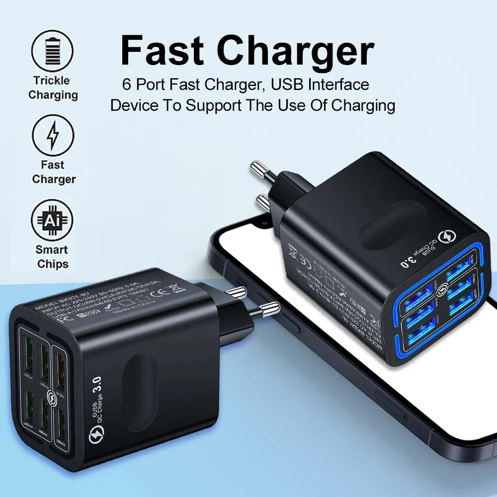 Total 100W 6 Ports USB Charger Fast Charging For iPhone 14 Samsung Xiaomi Mobile Phone Adapter EU US UK Plug