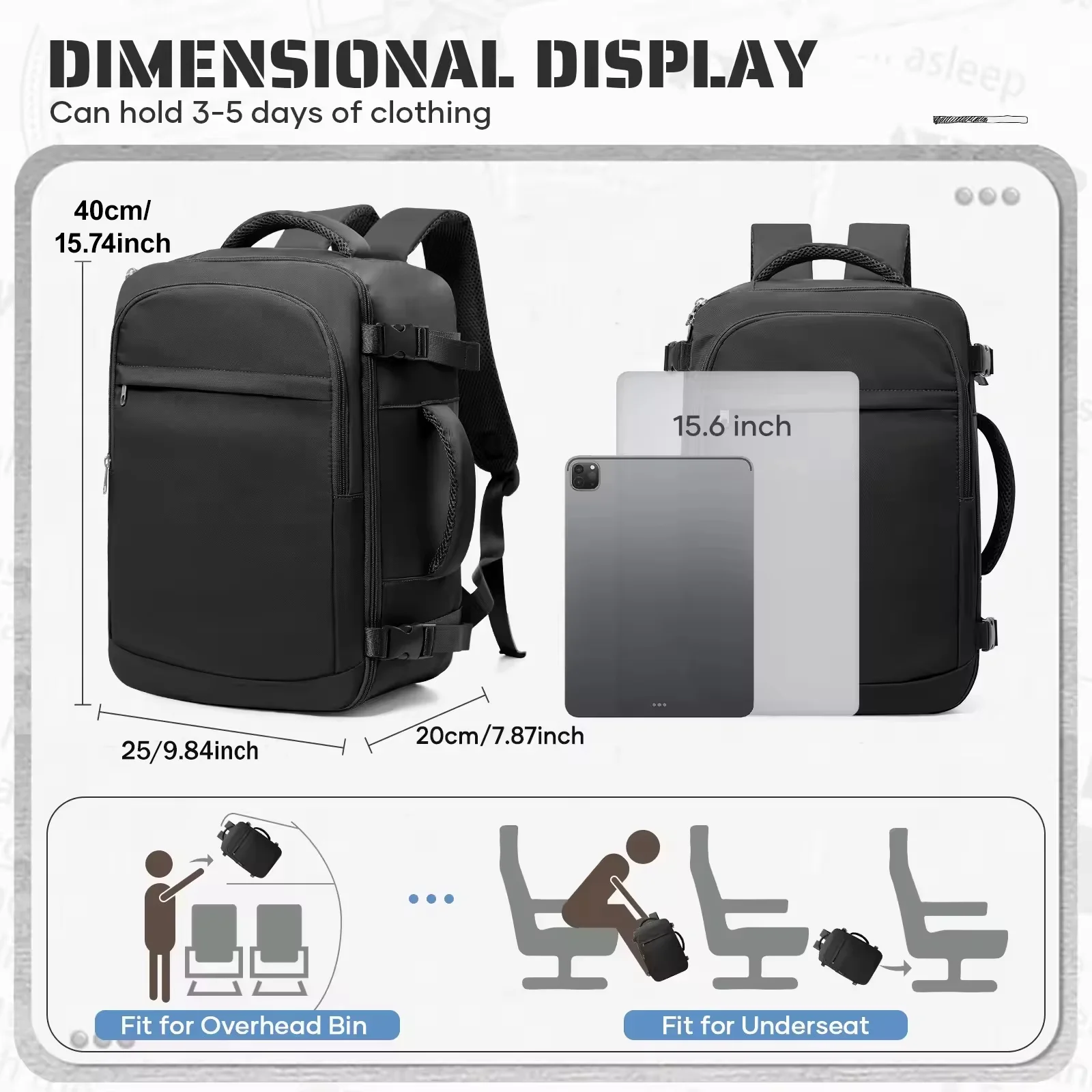 Cabin Bag Underseat Travel Backpack, Women Mens Outdoor Backpack with Vacuum Bags Pump Carry-on Backpack, Cabin Luggage 40x30x20