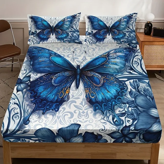 Set di lenzuola con angoli floreali a farfalla blu da 3 pezzi (1 lenzuolo con angoli + 2 federe senza inserto per cuscino), stampa HD per lenzuolo 2