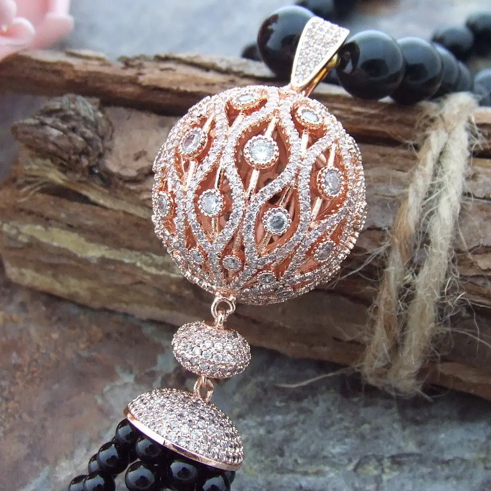 Charming round black onyx necklace micro inlay zircon accessories tassel pendant necklace long 58 cm