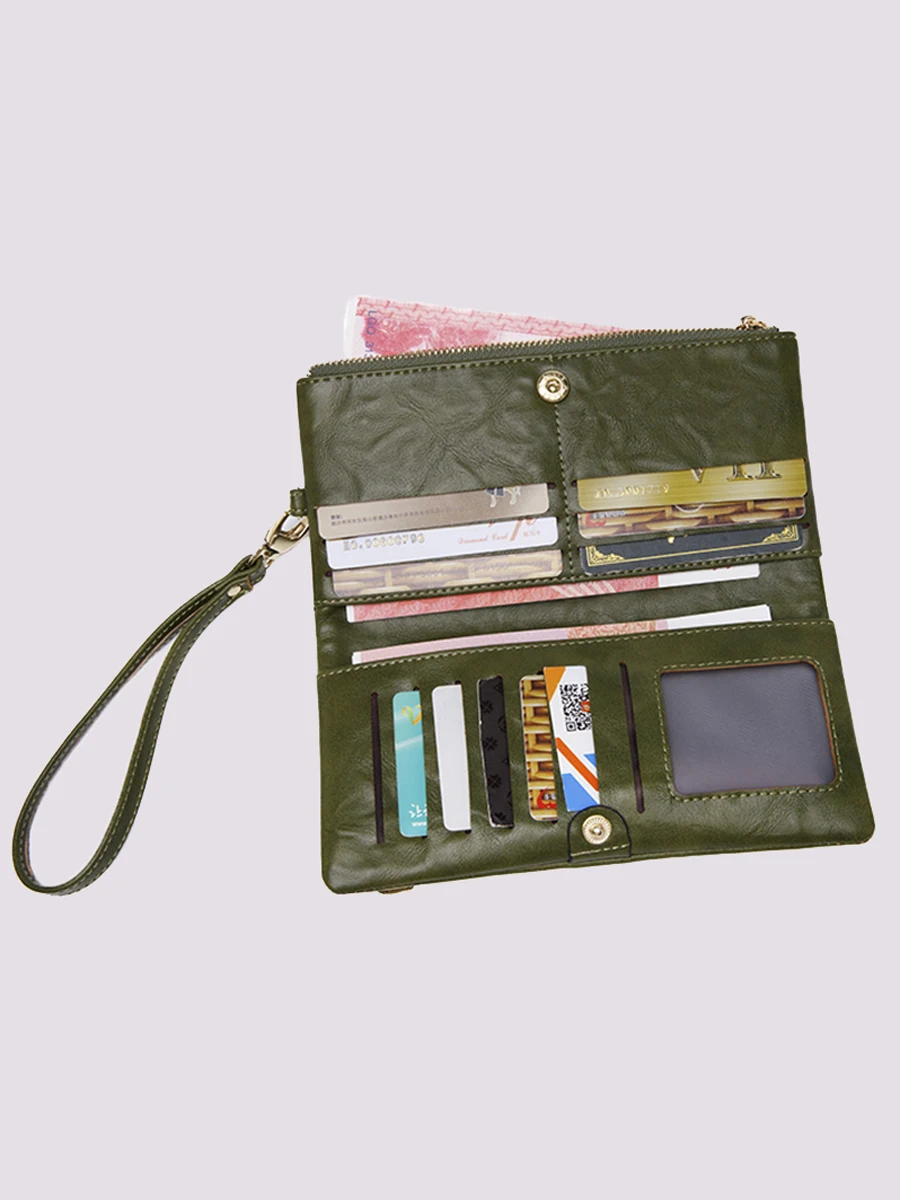 Women's wallet Retro double fold long wallet, minimalist style wallet with credit card slot and wrist strap