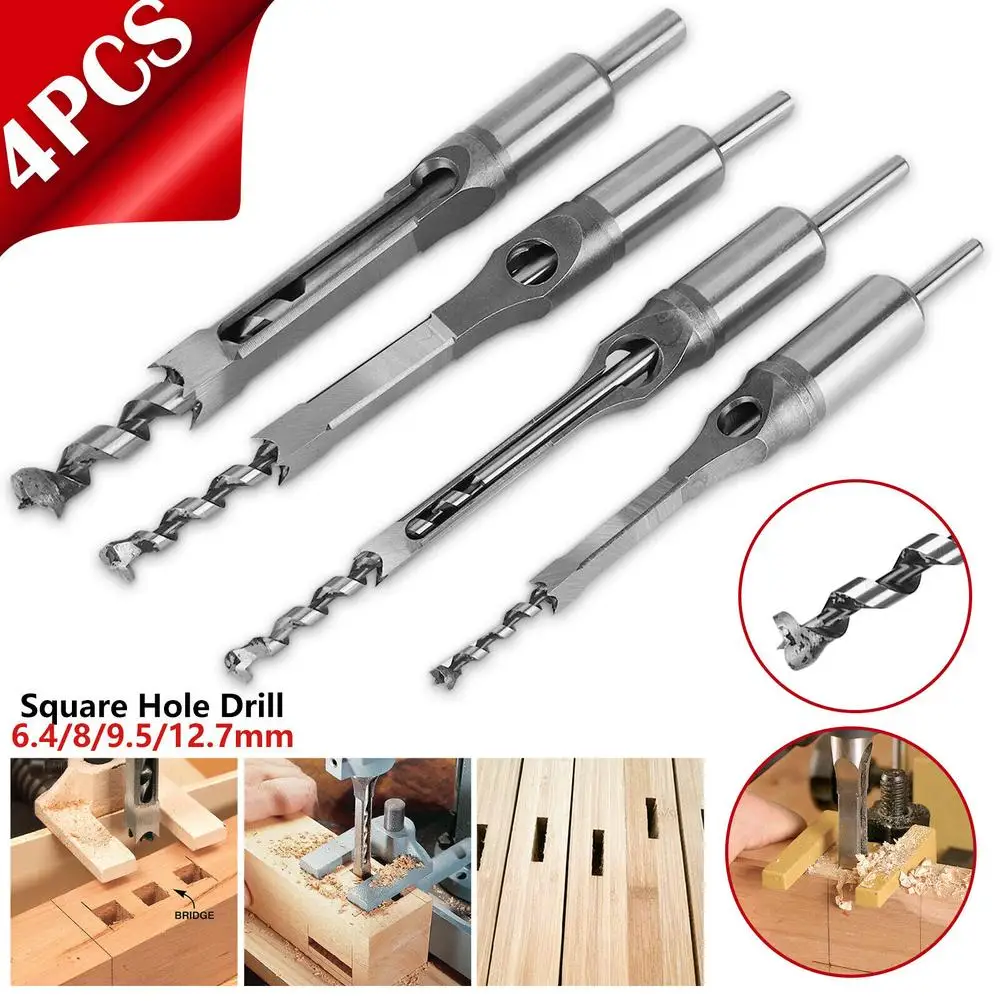 4PCS Square Drill Bits Mortising Chisel Bit Flush Chisel Bits Set Square Hole Saw Woodworking Tool Kit 6.4mm 8mm 9.5mm 12.7mm