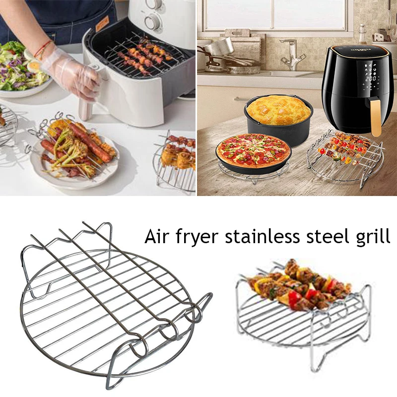 Air Fryer Accessories With Skewers, Double Layer Stainless Steel Airfryer  Grill, Multi-purpose Rack Stand For Cooking Steaming Baking, 6, 7, 8 Inche