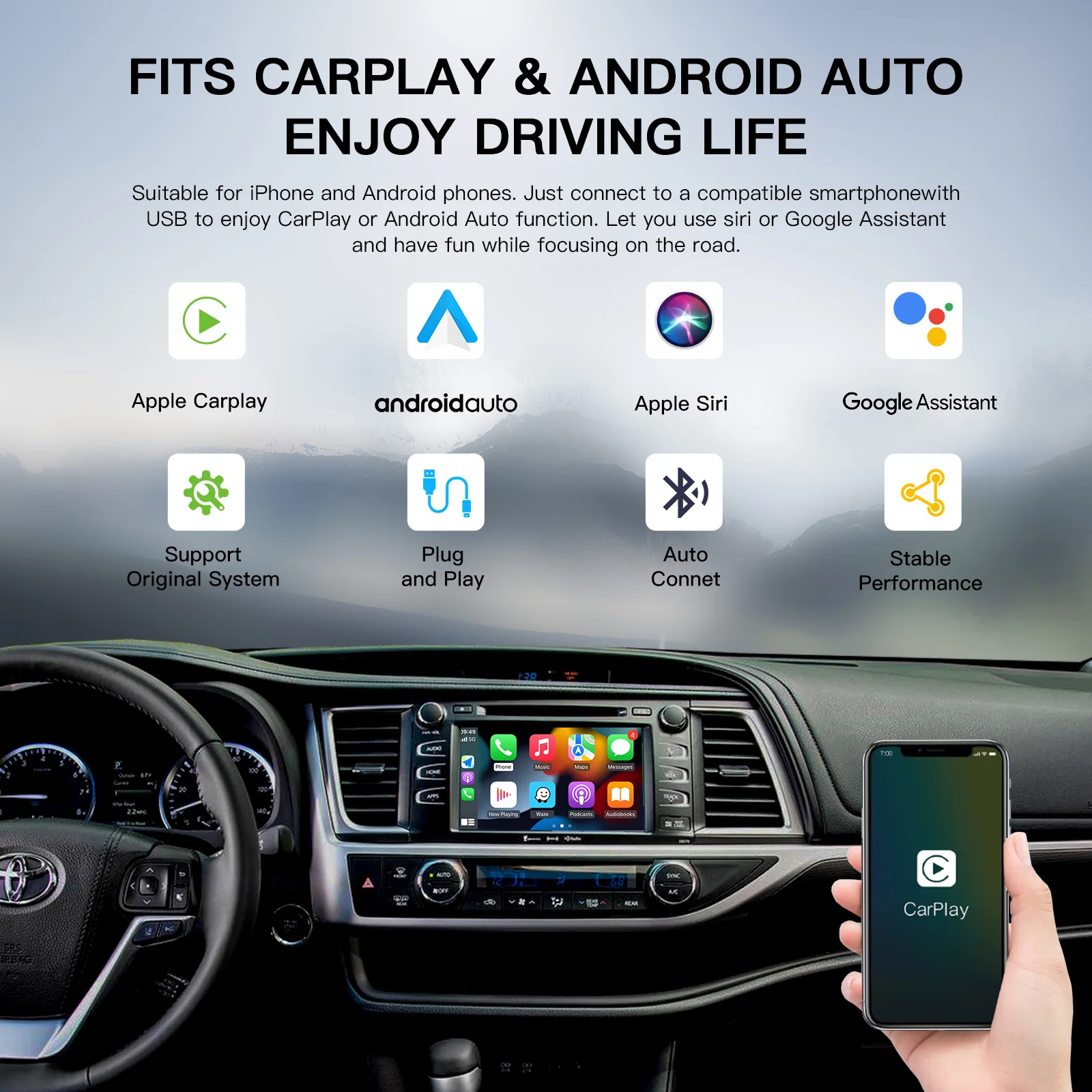 CARABC Wireless Carplay Android Auto Per TOYOTA Camry CHR RAV4 Corolla Tacoma Tundra Highlander Prius 4Runner Yaris Modulo - immagine 3