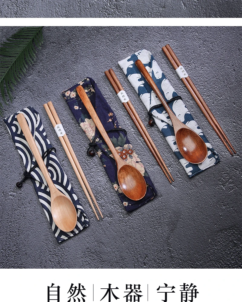 Description Picture 6 of itemJapanese Wooden Tableware Set Portable Chopsticks Spoon Cutlery Set Travel Dinnerware Suit 1 Pairs Chopstick +1 Spoons