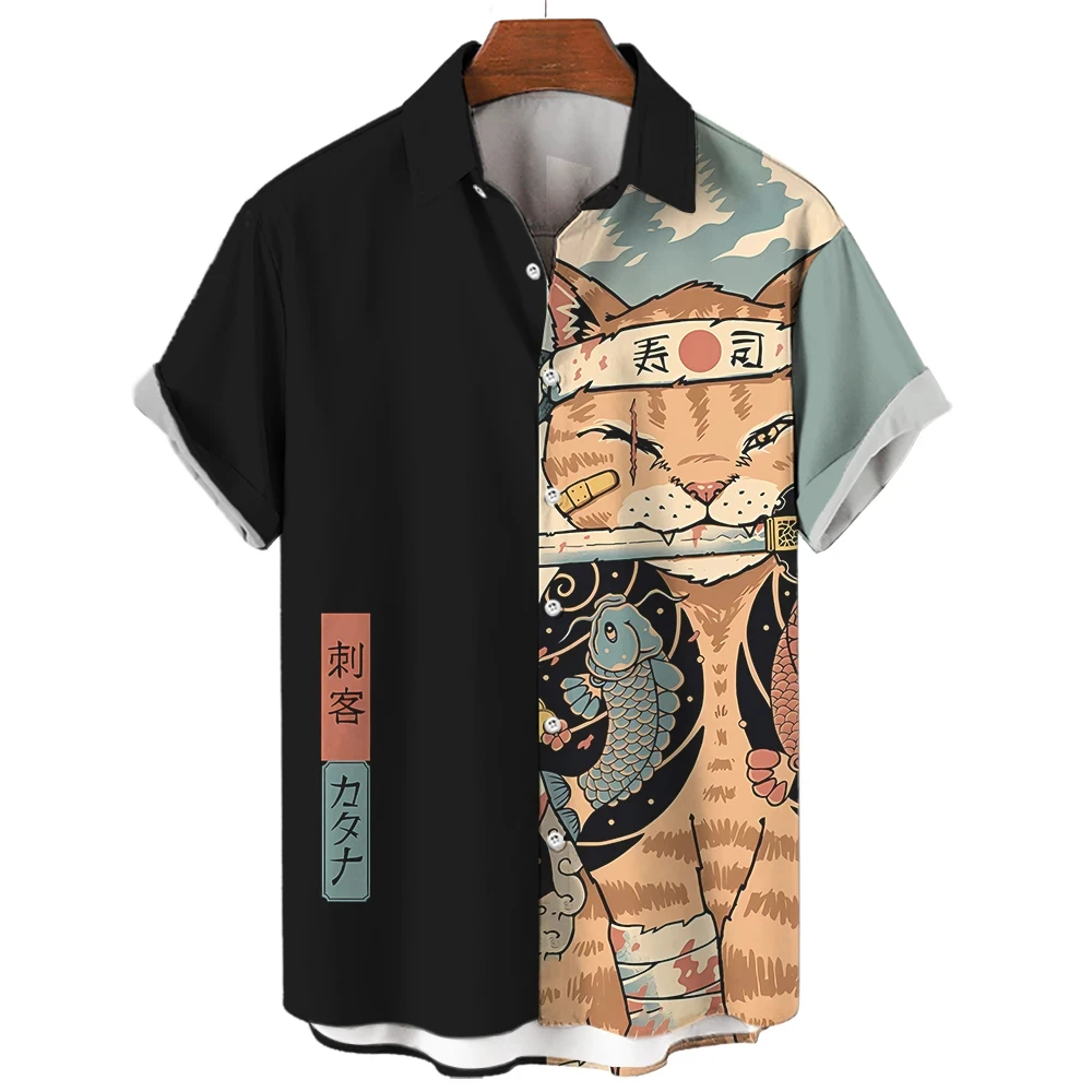 Fashion Men\'s Shirt Cool Samurai Cat Tops Summer New Men\'s Clothing Casual Short-Sleeved Buttons Loose Blouse Hawaiian Shirts