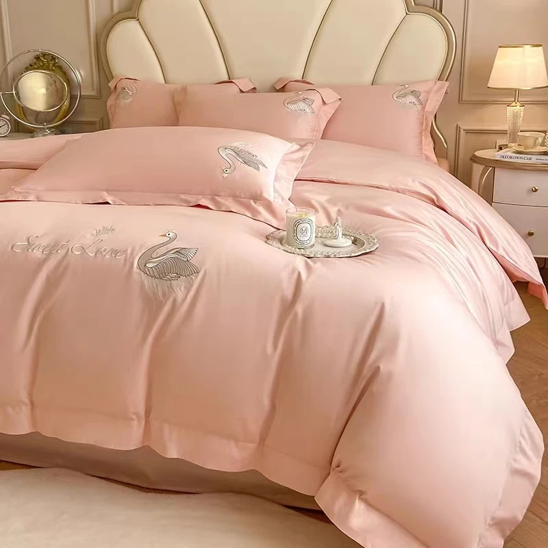 

Europe Style Luxury 140T 100% Cotton 4 Pcs Duvet Cover Set Embroidery Quilt Cover Bedding Set Queen Size Flat Sheet Pillowcase