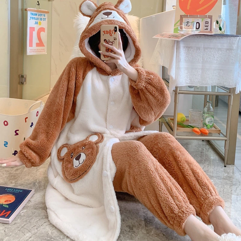 

Kawaii Bear Night-robe Women Sleepwear Winter Thicken Pajamas Set Unisex Plush Warm Hooded Two-piece Night Gown