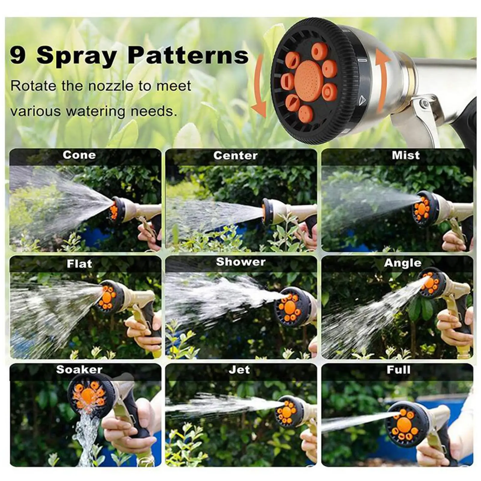 Metal Body High Pressure Garden Watering Hose Spray Nozzle 9 Spray Modes, Anti-Rust Non-Slip, made of solid zinc alloy