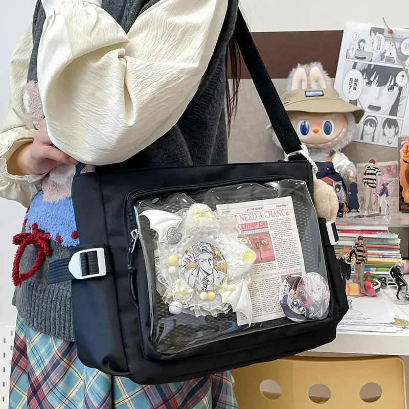 Borsa a tracolla di classe di grande capacità stile preppy Borsa da donna trasparente con badge fai-da-te Borsa a tracolla casual quotidiana Y2K Borsa Ita per ragazza carina - immagine 2