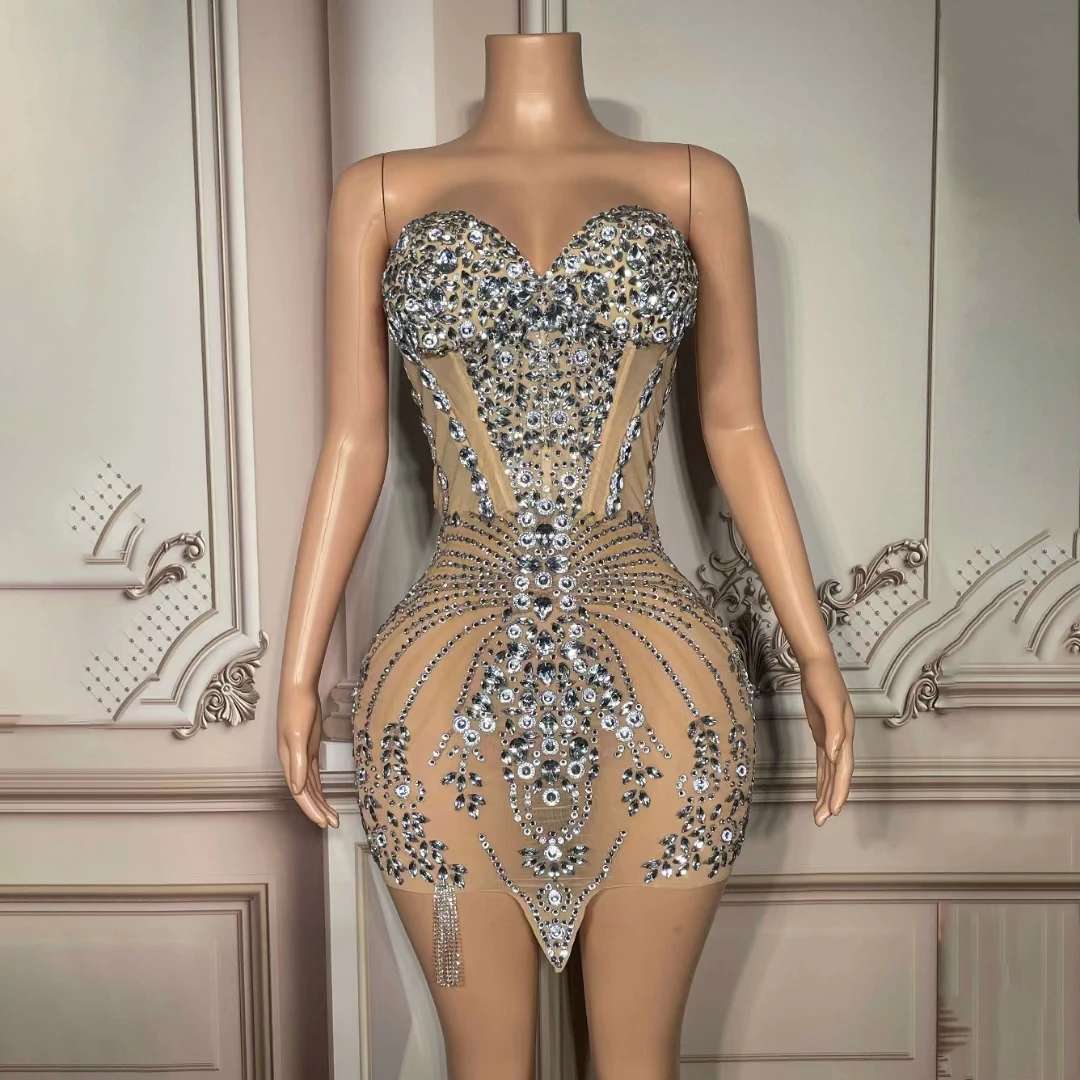 

Sparkly Rhinestones Luxury Women's Elegant Dress Sexy See Through Short Dress Prom Party Evening Birthday Dress Show Stage Wear