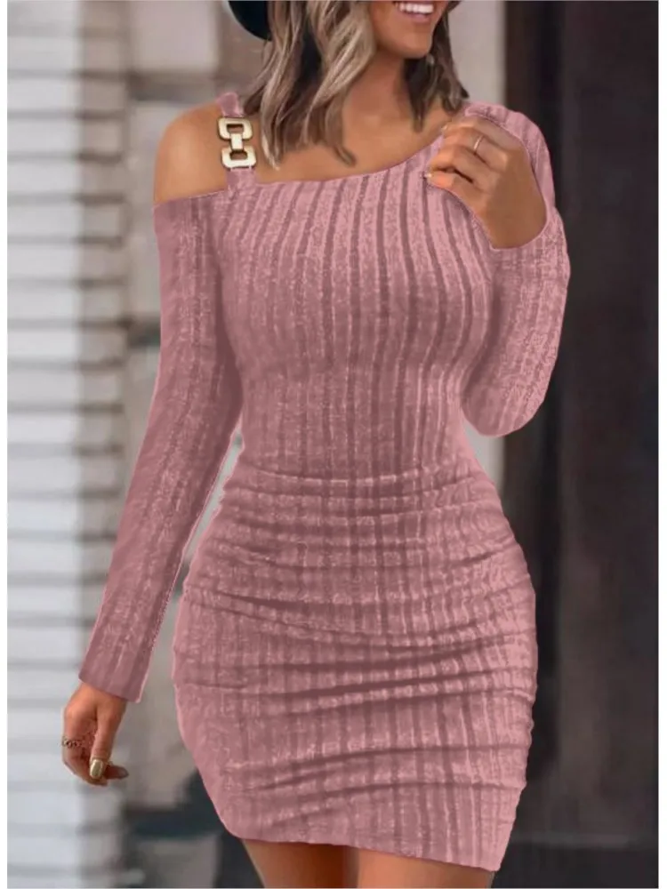 

Women's Fashion Chain Decor Cold Shoulder Ribbed Bodycon Dress New Autumn Winter Solid Casual Long Sleeve Skinny Mini Dresses