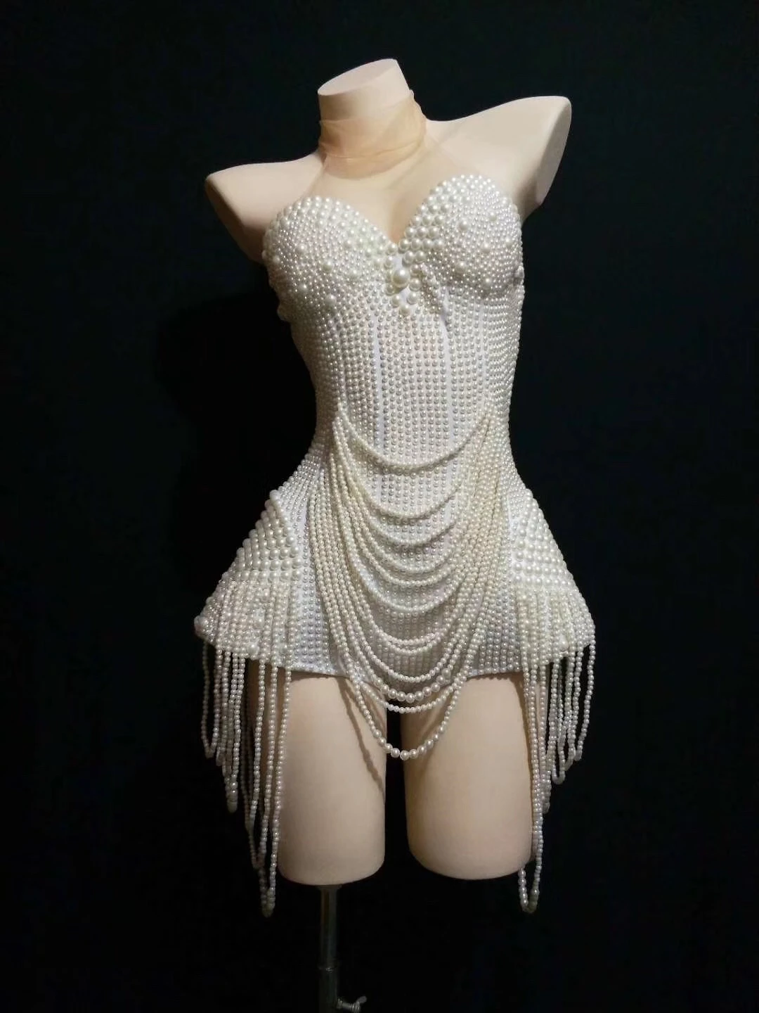 Beaded Pearls Women Birthday Party Bodysuits Mesh Jumpsuits Nightclub Singer Dancer Performance Drag Queen Stage Wear dance dress women costume set