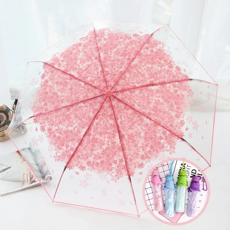 Umbrella 3 Fold Umbrella Rain Gear Fashion Cherry Blossom Transparent Fresh Simple Protect Against Wind Clear Rain Gear