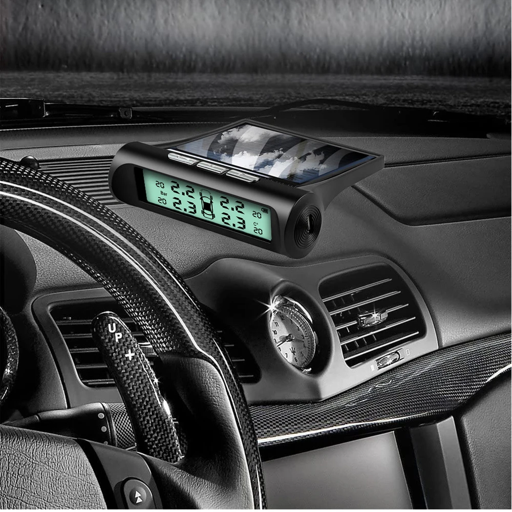 Intelligent Solar TPMS Car Tire Pressure Alarm Digital Display 4 External Sensors Waterproof Tire Pressure Temperature Warning