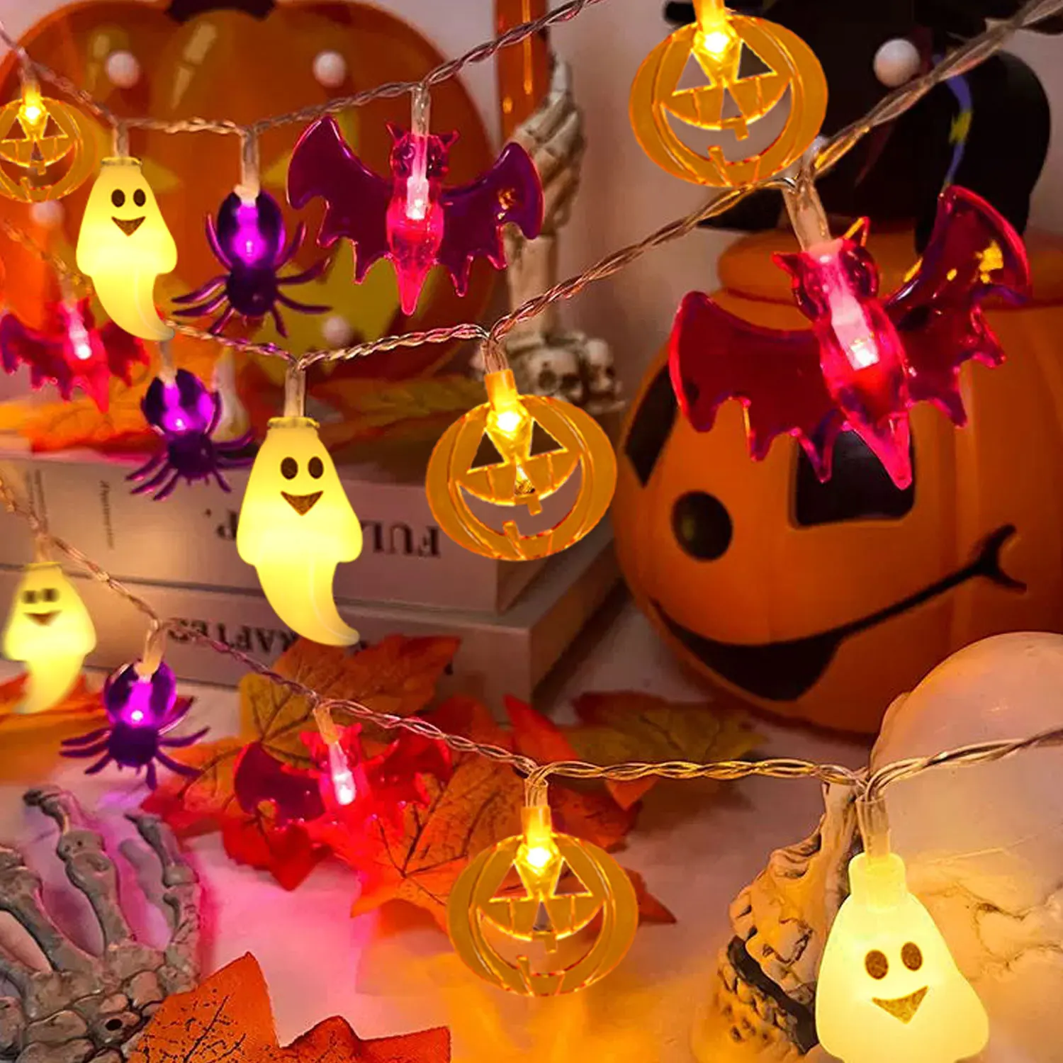 4.5M 30 LED Pumpkin Bat Ghost Spider String Lights Battery Powered Flickering Mode LED Fairy Lamp for Happy Halloween Decoration
