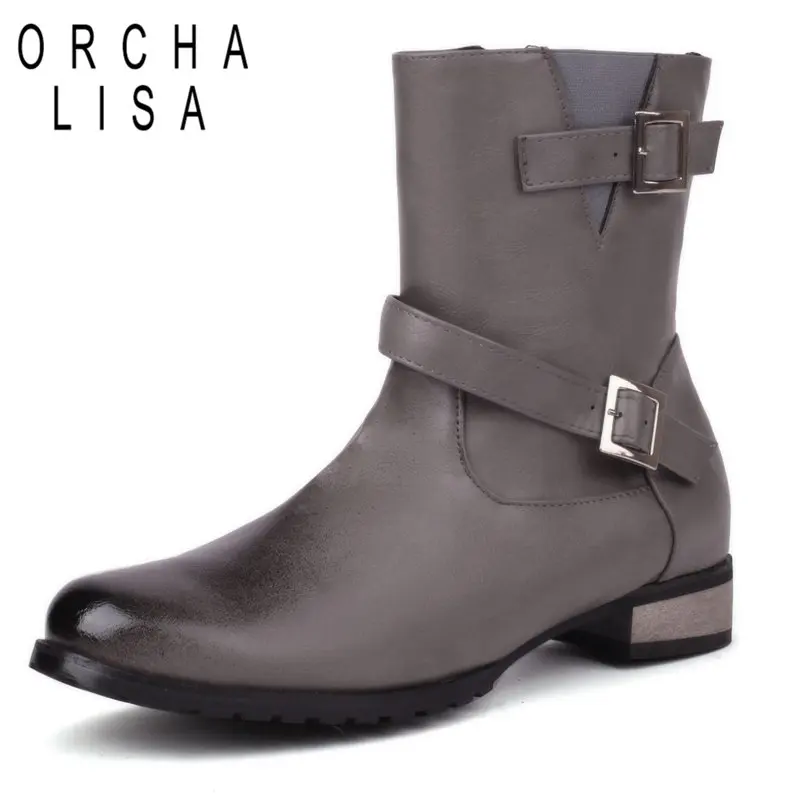 

ORCHA LISA Brand Women Ankle Boots Round Toe Low Heels 3cm Zipper Belt Buckles Plus Size 49 50 Concise Daily Female Martin Booty