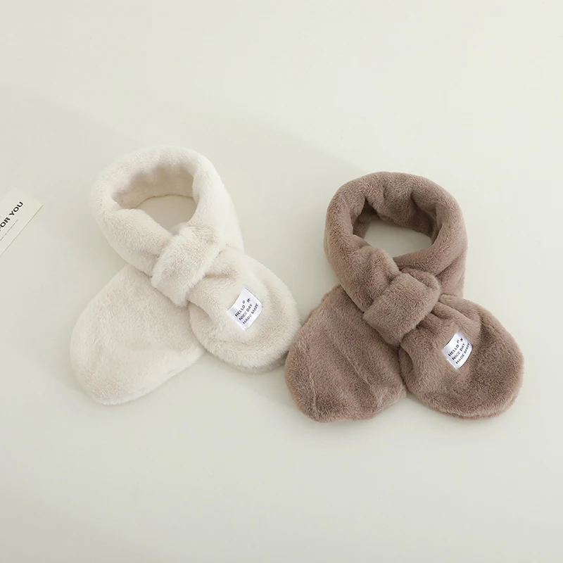 Simple Kids Cross Scarf Korean Winter Plush Neckerchief Baby Windproof Warm Solid Color Girls Boys Scarves
