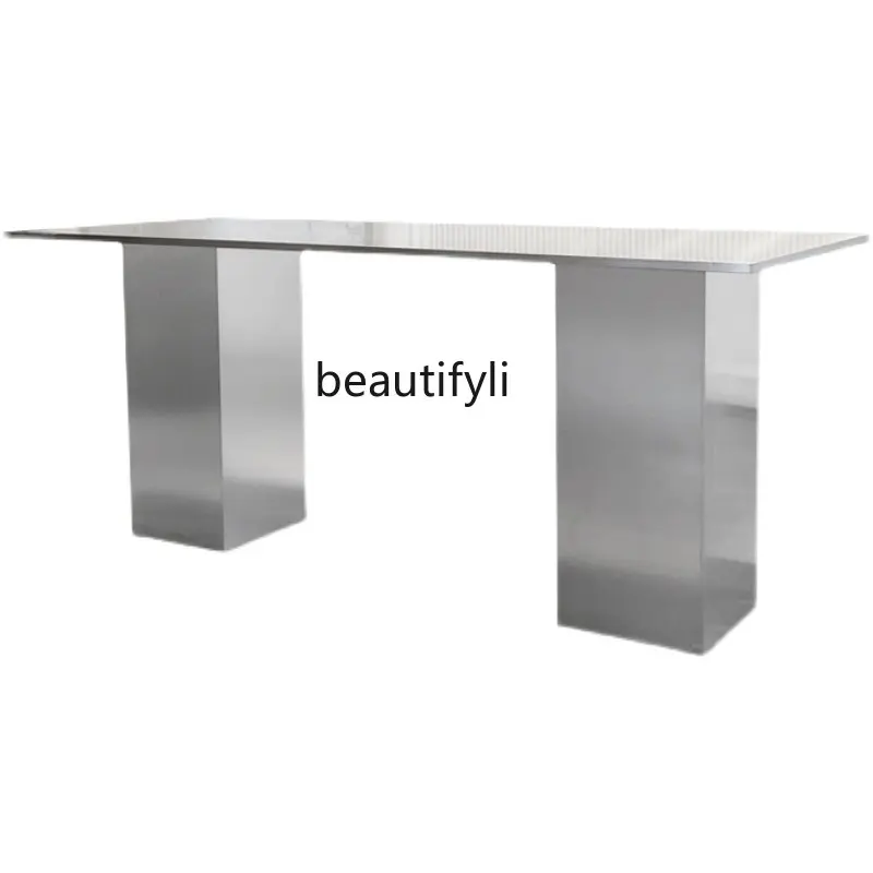 

Nordic Minimalism Dining Table Stainless Steel Brushed Office Table Modern Conference Table Rectangular Small Apartment Desk