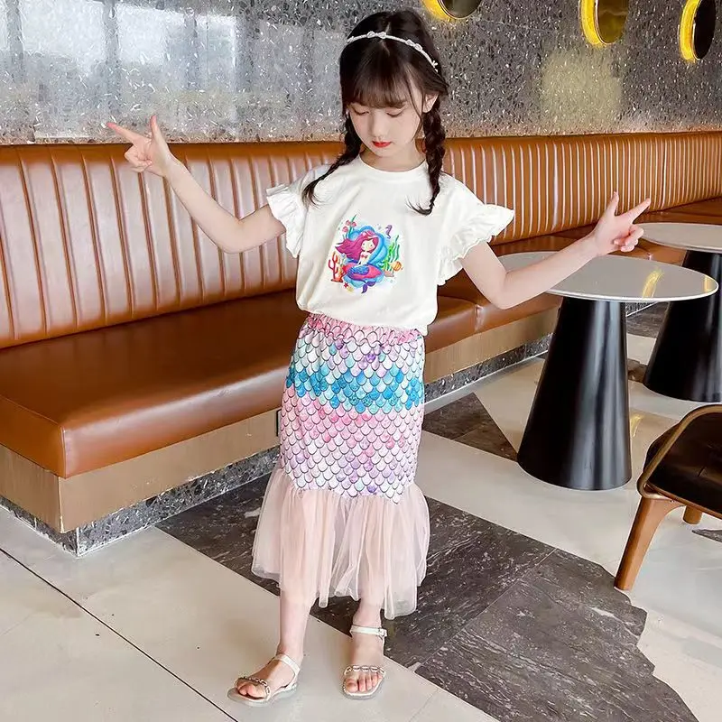 

2022 Two Piece Set Summer Cotton T-shirt+Mermaid Half Body Mesh Skirt Sweet and Cute Suit for 7-14 Year Old Girls