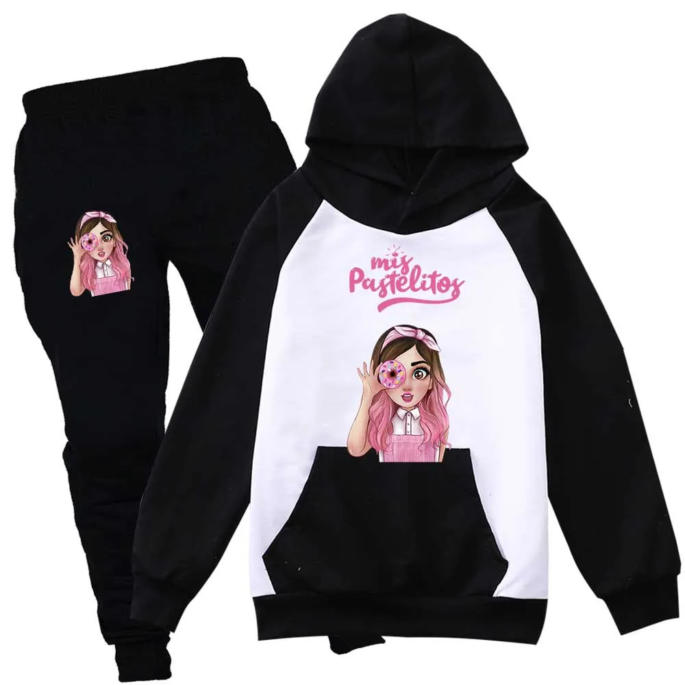 

Женская Осенняя Модная Детская осенняя одежда с мультяшным принтом Mis Pastelitos, худи с брюками, наряд для мальчиков и девочек, детский спортивный костюм