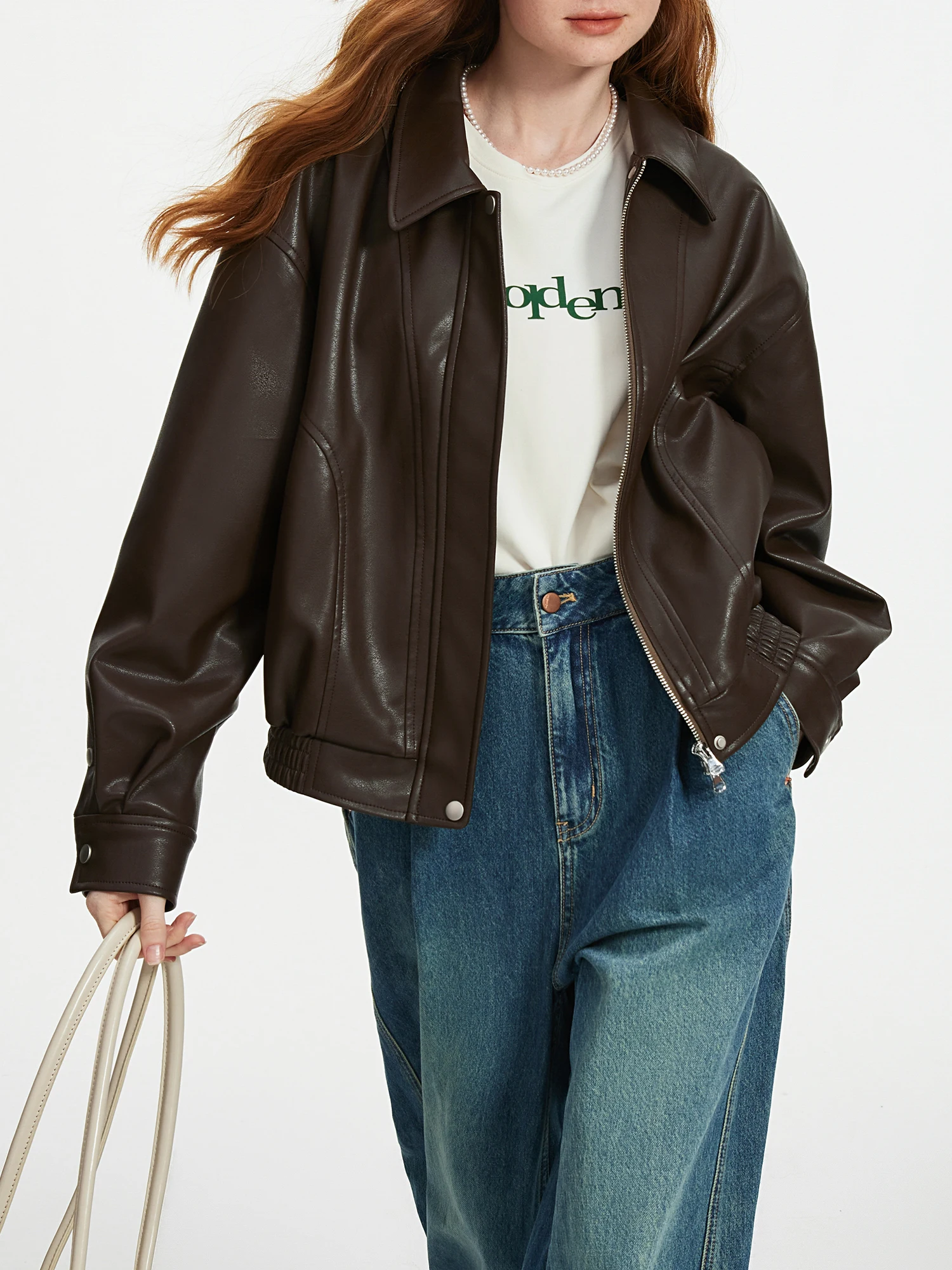 FSLE【2 Colors】Women PU Leather Short Jackets Turn-down Collar