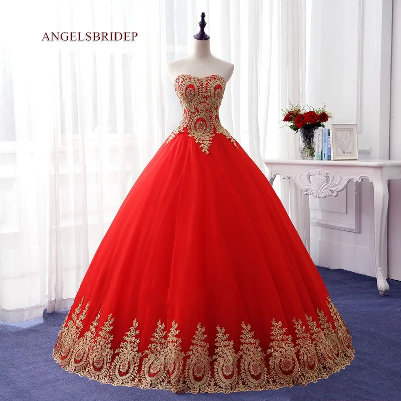 

ANGELSBRIDEP Red Gold Applique Quinceanera Dresses Celebrity Gowns Tulle Ball Gowns Special Occasion Party Gowns Custom Corset