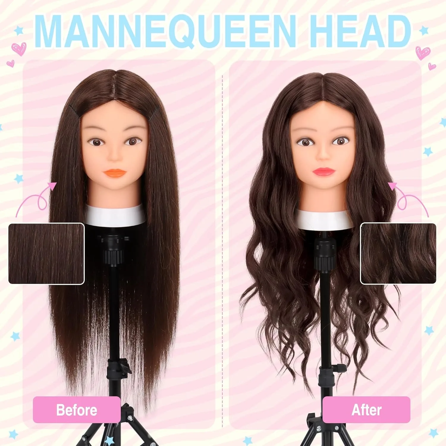 Premium Mannequin Head With Long Straight Hair 80% Human Hair Manikin Practice Head With Clamp Stand and Tools For Hairdresser