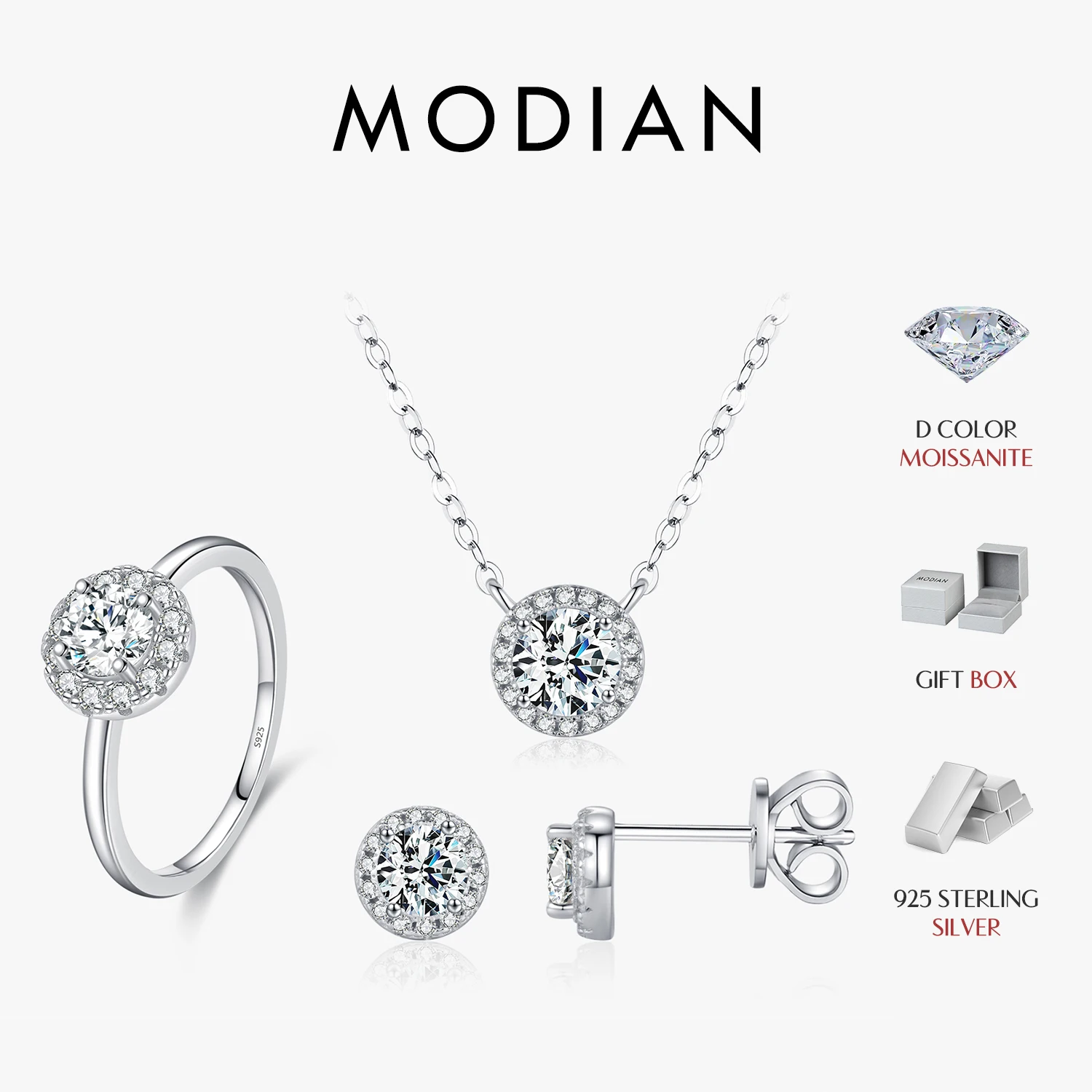 MODIAN 모이사나이트  패션 럭셔리 라운드 목걸이 스터드 귀걸이 반지, 여성용 웨딩 파인 쥬얼리 Se