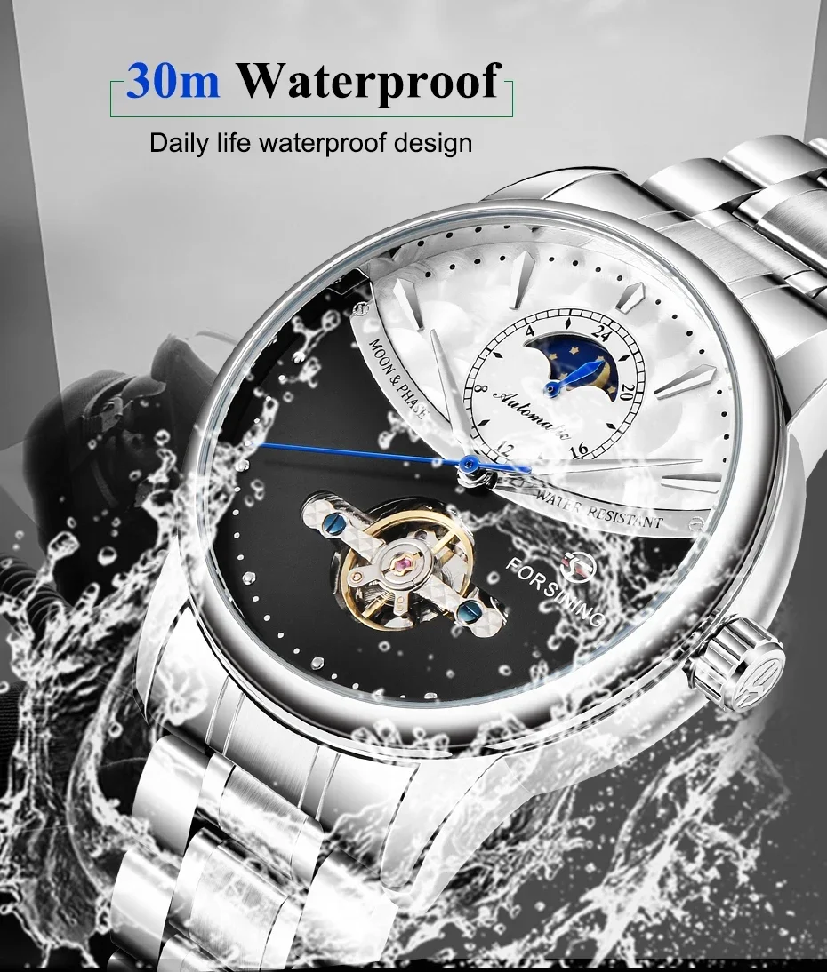 FORSINING Business Herren Automatikuhr Uhr Mondphase Tourbillon Wasserdicht Mechanische Stahlband Armbanduhr Relogio_voghion.com