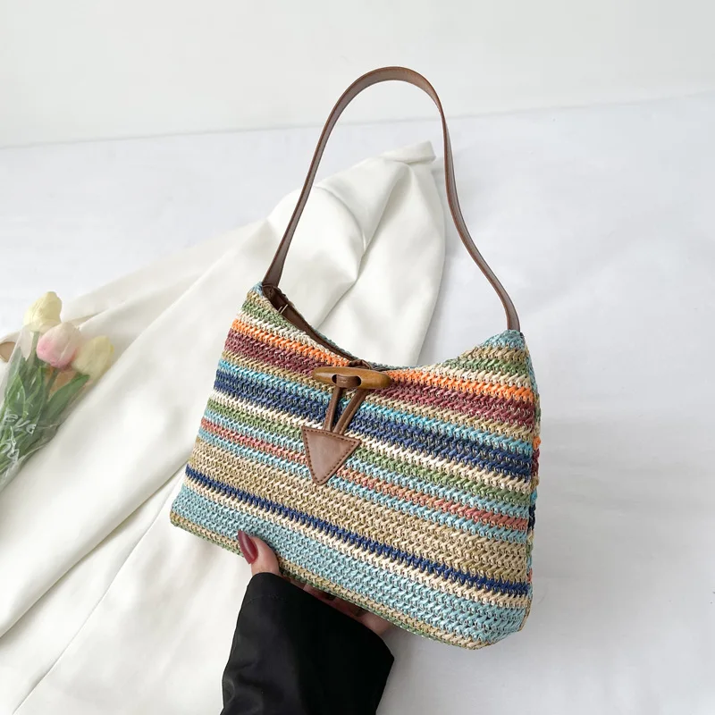 

Bohemian Shoulder Bag Rainbow Fake Straw Women's Handbag Summer Beach Travel Zipper Magnetic Buckle Ethnic Style