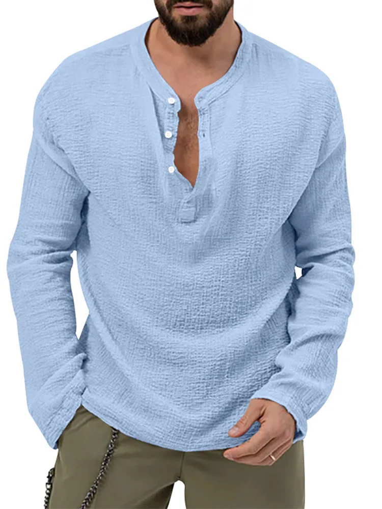

Men's Casual Loose Fit Button-Down Shirt in Solid Color with Bubble Poplin Fabric
