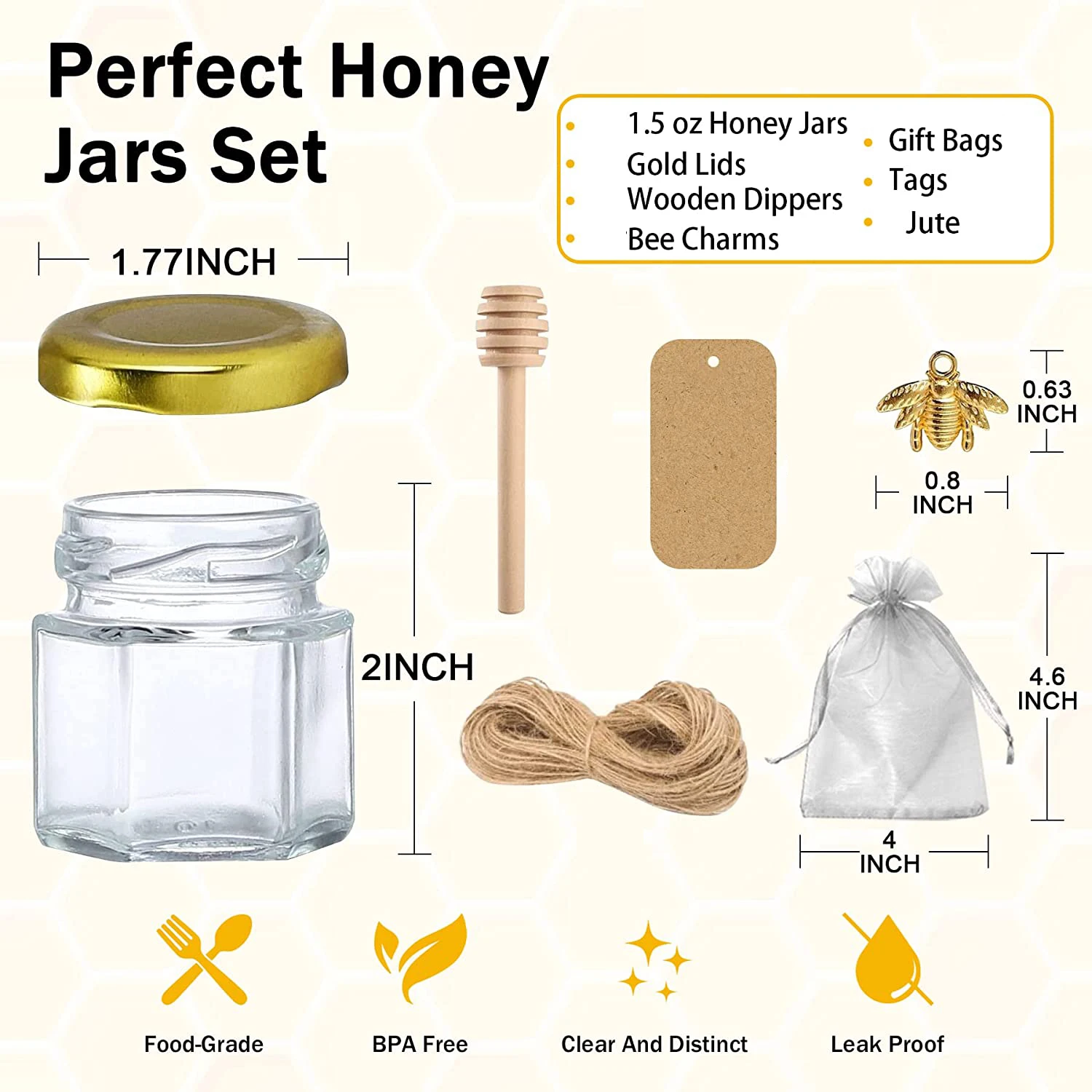 Mini Honey Jars Party Favors  Hexagon Small Glass Honey Jars with Dipper, Gold Lids, Cute Bee Pendants, Gift Bags and Jute 2