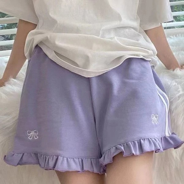 Sporty Shorts Women Ruffles Kawaii Bows Japanese Style Casual Loose Soft High Waist Summer Students Simple Fashion Popular Chic