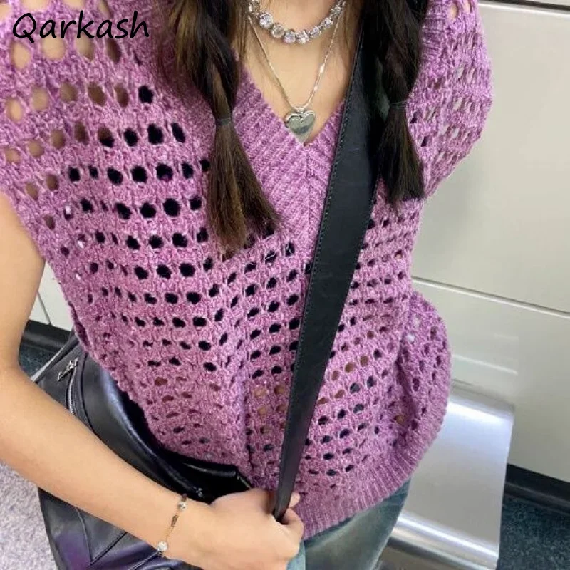 

Женские трикотажные майки с вырезами и V-образным вырезом, базовые свободные Мягкие Универсальные летние милые модные однотонные повседневные шикарные майки в Корейском стиле