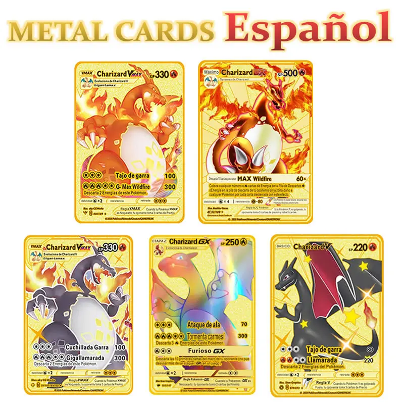 Spanish Pokemon Metal Card Pokémon Letters V VMAX Charizard GX Pikachu cartas  pokemon español Collection Gold Cards Kid Toy Gift