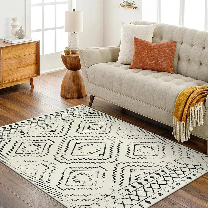 

Persian Geometric Pattern Living Room Carpet, Dark Blue Rug, Bohemia, Soft, Shaggy, Floor Mats, Area Rugs, Machine Washable, Bed