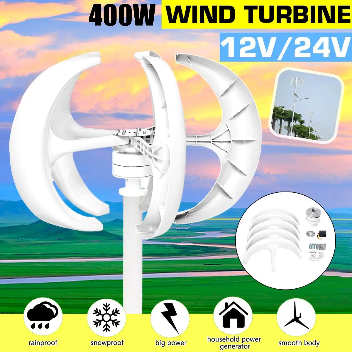 400W VAWT Lanterns Wind Turbine Generator Vertical Axis+Controller 12V/24V 