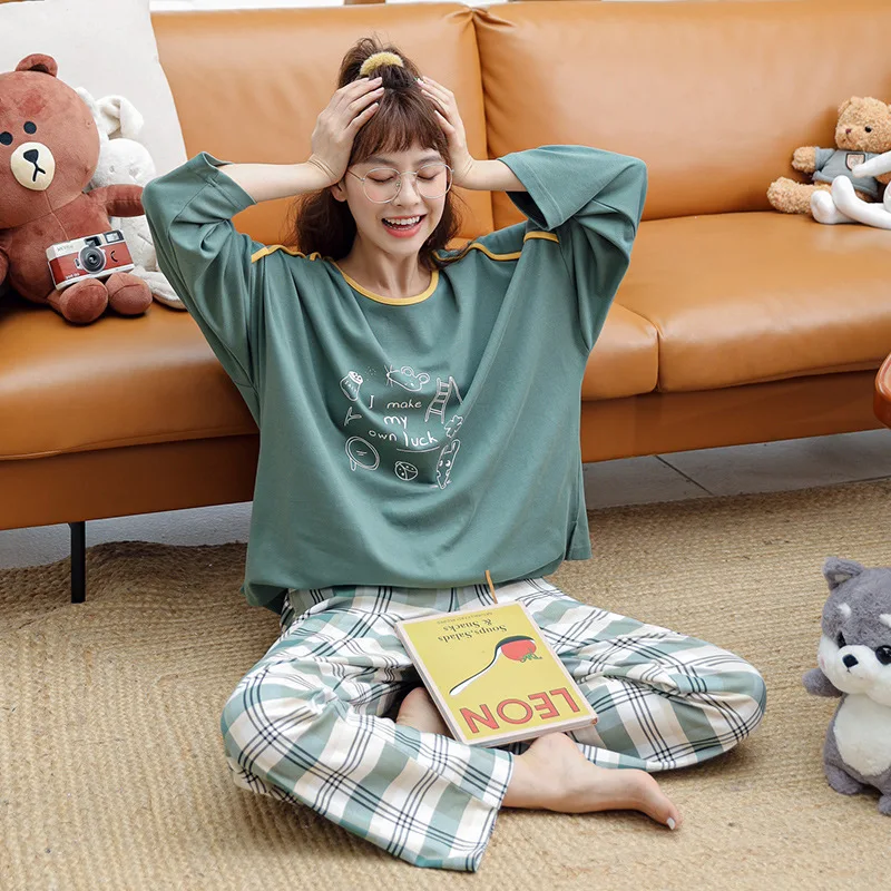 Autumn Spring New Korean Kawaii Pajama Set for Women Pajamas Cotton Long Sleeve Pijamas Fashion Sleepwear Plus Size 2XL Loose