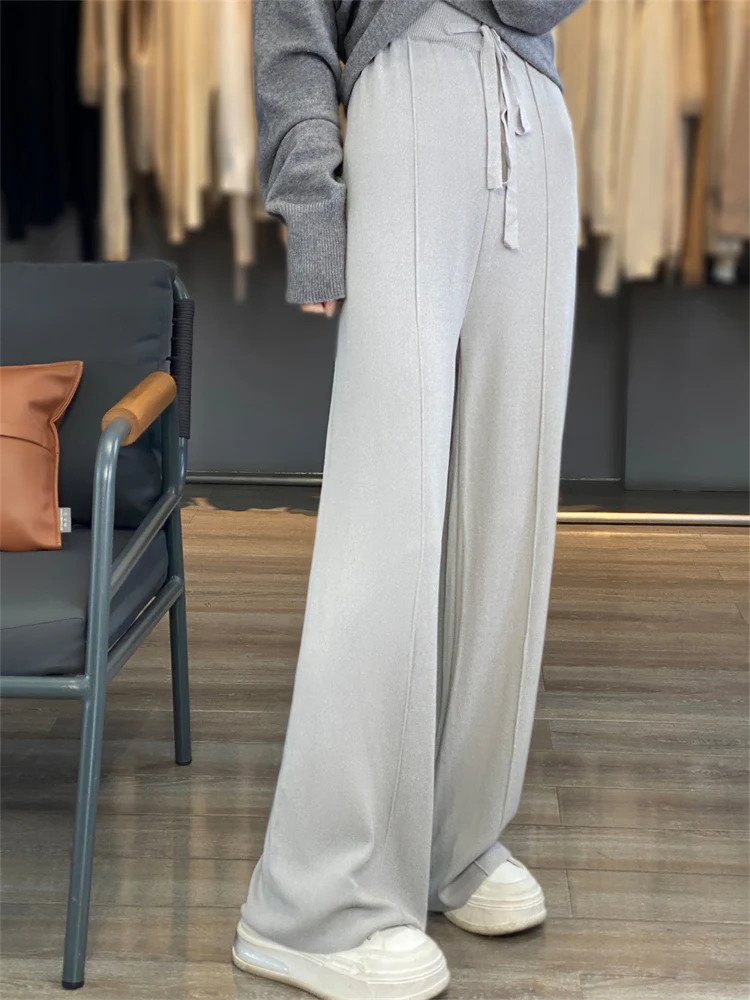 Summer new curved bead ice silk fabric with high waisted elastic band and wide legs, simple and fashionable women's pants