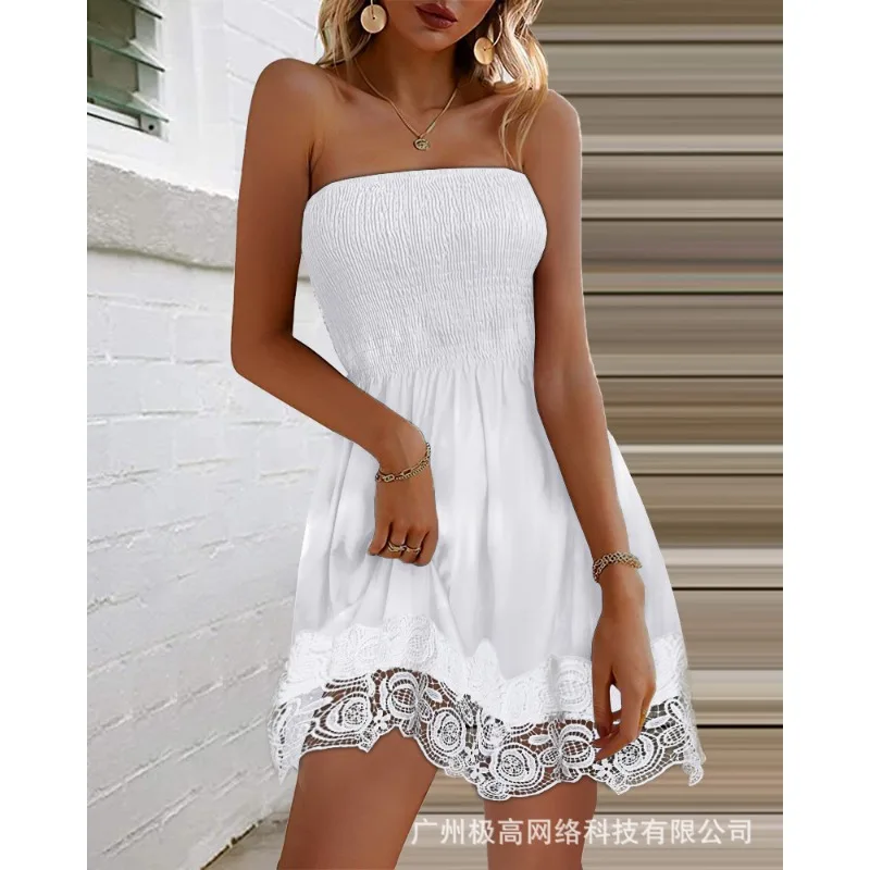 

Wepbel Off-Shoulder Chest-Wrapped Dress Sexy Lace A-line Dress Women Strapless Stitching Lace Trim Bandeau Shirred Casual Dress