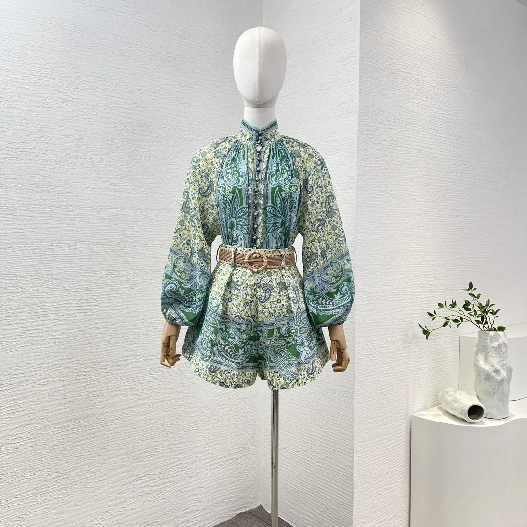 

2024 New Collection High Quality Green Blue Paisley Print Long Lantern Sleeve Blouse Tops and Shorts Set for Holiday