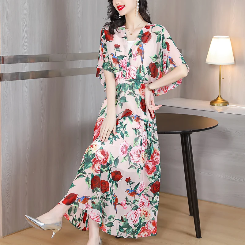 

2023 New Elegant and Fashionable Silk Printed Dress Women's Summer Retro Luxury Loose Fit 5/4 Sleeve Casual Dress Vestidos