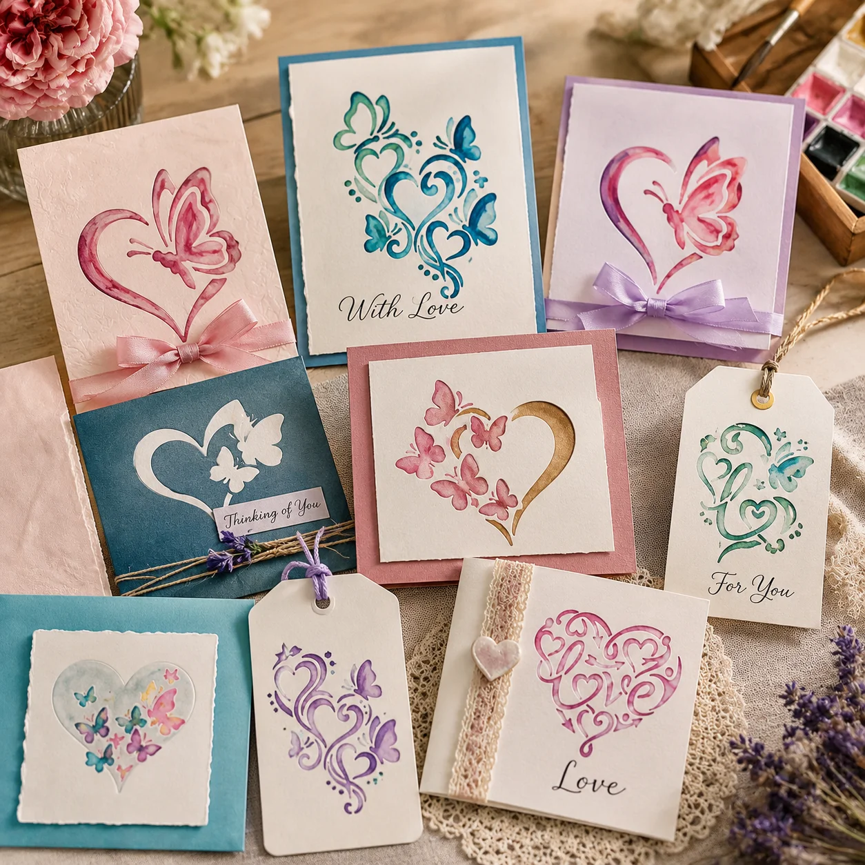9Pcs 4x4in 하트 나비 스텐실 재사용 가능한 PET 스텐실 그림 그리기 DIY 러브 카드 공예 템플릿 벽 나무 직물 장식