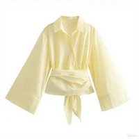 2025 Women Long Sleeve Kimono Shirt Double Breasted Satin Silk Feel Polo Collar Belted Office Chic Spring Autumn Party Blouse - Image 6