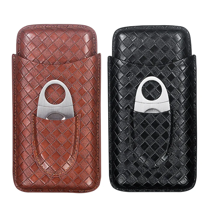 

New Portable Leather Cigar Case Travel Grid Humidor Holster Load 3 Pcs Cigar Holder Tube Cuban Cigar Accessories w/Cigar Cutter