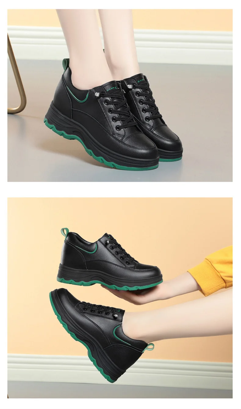 Women Walking Shoes - Comfortable Chunky Casual Sneakers With Soft Leather Lace-Up Design
