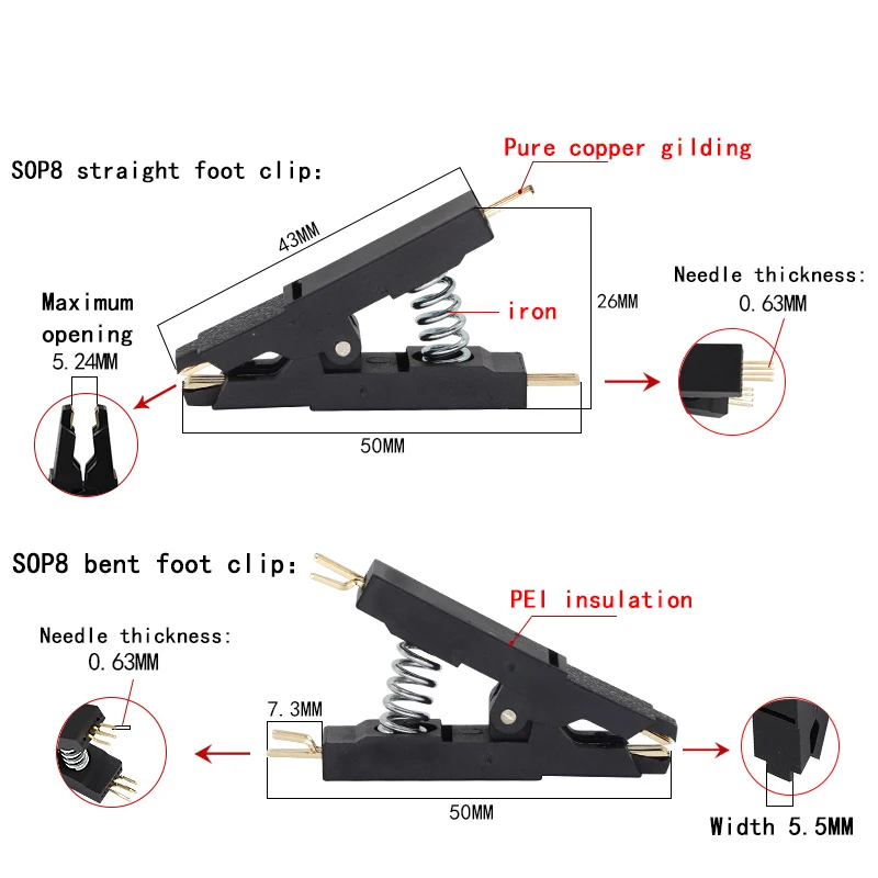 Clip de prueba de programador SOP8, clip BIOS de ocho Pines, cuerpo ancho y estrecho, adaptador de clip universal de 8 pines, enchufe IC, clip de chip ardiente