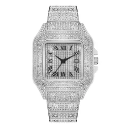 Elegant Men's Steel Strap Square Roman Rhinestone Quartz Watch (Silver)