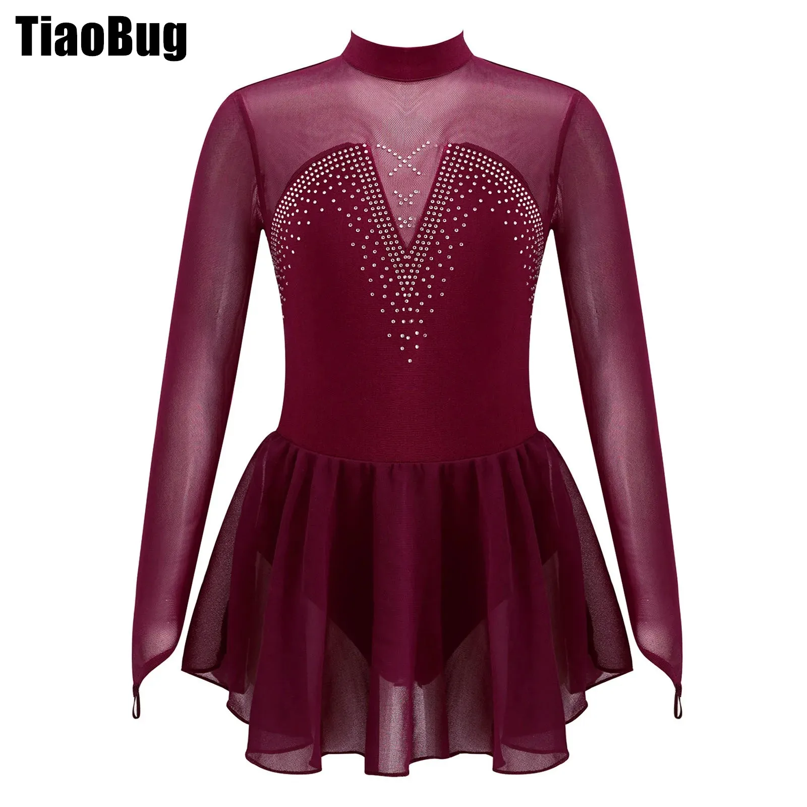 

Kids Girls Mesh Ballet Dress Sparkly Rhinestone Splice Long Sleeve Round Collar Hollow Back Skating Gymnastics Dance Leotard